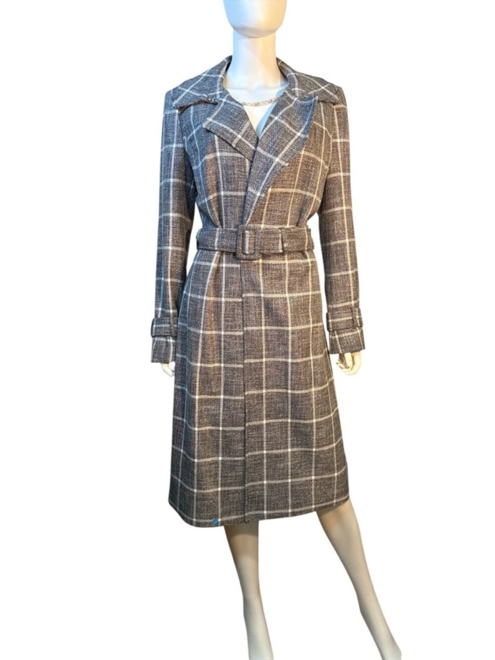 White House Black Market Womens Plaid Belted Trench Coat Gray/White Size M EUC